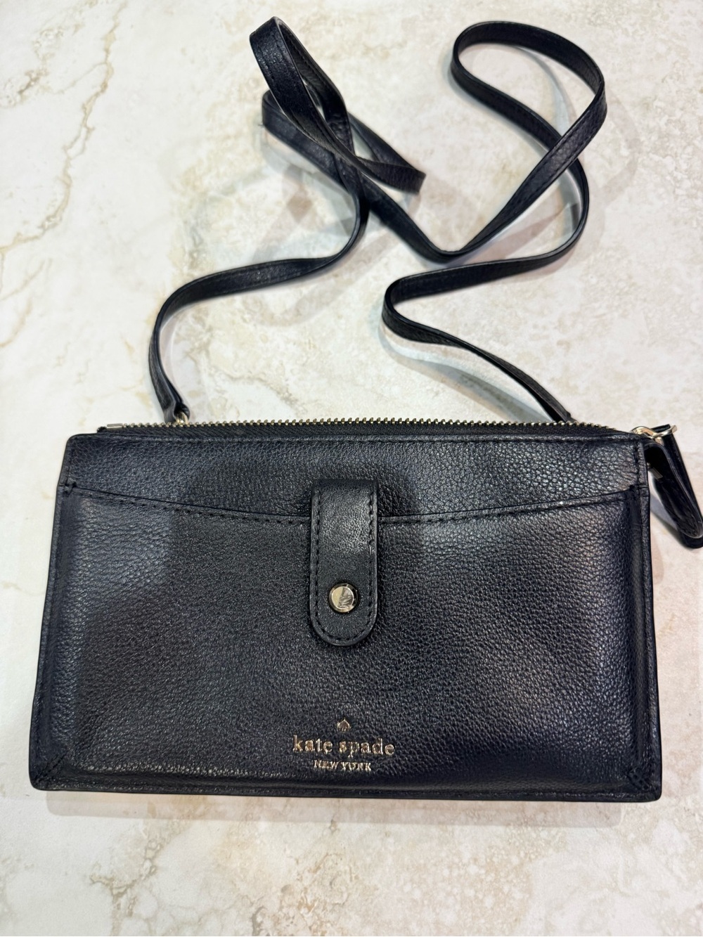 kate spade Black Leather Crossbody Wallet with Gold Logo